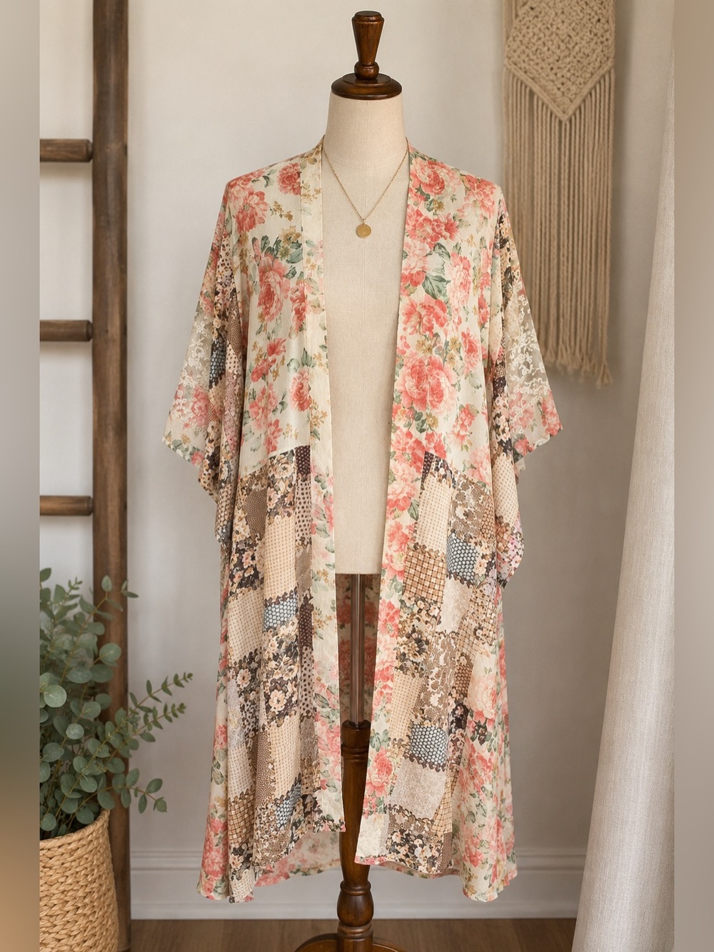 Gigio USA Floral Patchwork Kimono Duster Cardigan Boho Medium NWT